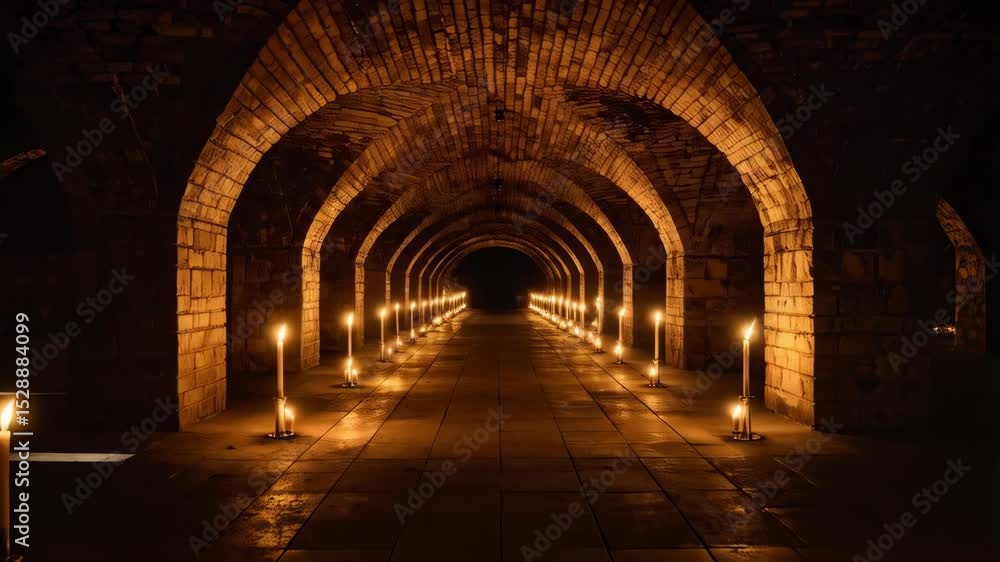 Poster illuminated brick tunnel with arched architecture and burning candles lining the walkway creates dra
