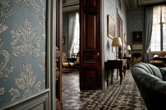 Elegant room showcasing intricate floral wallpaper, blending cla