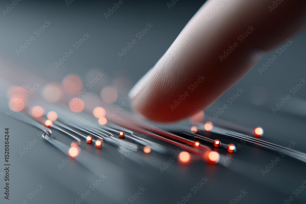 Poster fingertip touches illuminated lines, creating vibrant connection