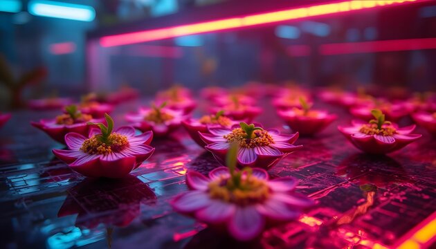 Colorful flowers illuminated by neon lights in an indoor greenhouse setting showcasing modern horticultural techniques and innovative plant growth methods Generative AI