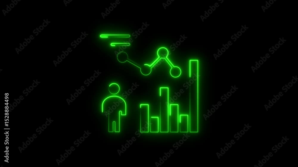Poster green neon animated graphs representing data analysis and financial metrics