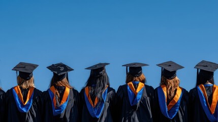 The group of graduates celebrating their achievements under a clear blue sky.