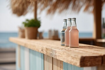 Bottles of refreshing drinks sit on wooden bar near ocean, evoki