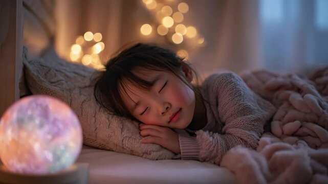 Dreamtime Embrace: A serene child rests peacefully, snuggled under a cozy blanket as soft, ambient light gently illuminates the space, fostering tranquility.