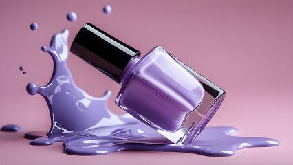 A stylish bottle of purple nail polish tilted on its side with spilled polish creating a dynamic splash effect on a pink background.