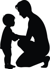 Adult kneeling to hug child silhouette isolated on transparent background