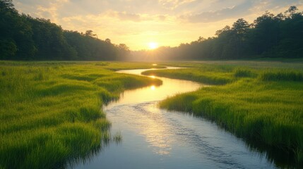 Flowing stream in a vibrant green meadow nature scene tranquil environment at sunrise for scenic photography