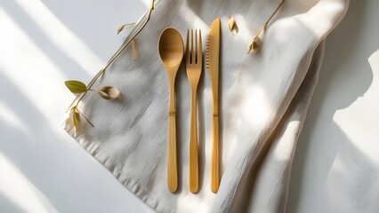 Minimalist bamboo spoon, fork, and knife arranged on linen fabric with natural lighting and dried leaves. Ideal for eco-friendly and sustainable kitchen themes.