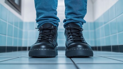 A close-up of stylish black boots standing on a glossy tiled floor, showcasing modern fashion and urban aesthetics. This composition emphasizes footwear as a statement of style.