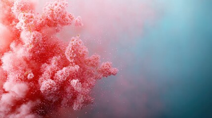 An artistic explosion of red and pink smoke clouds emerges against an aqua background, showcasing bold colors and dynamic movement for an abstract visual impact.