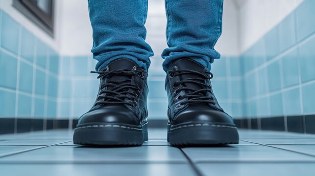 A close-up of stylish black boots standing on a glossy tiled floor, showcasing modern fashion and urban aesthetics. This composition emphasizes footwear as a statement of style.