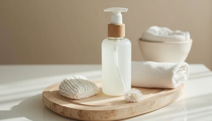 Minimalist presentation of a dispenser bottle, white towels, and natural sponge on wood tray.