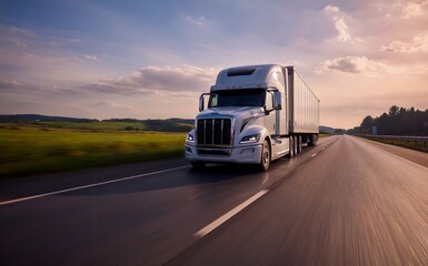 Modern white semi-truck driving on an open highway at sunset