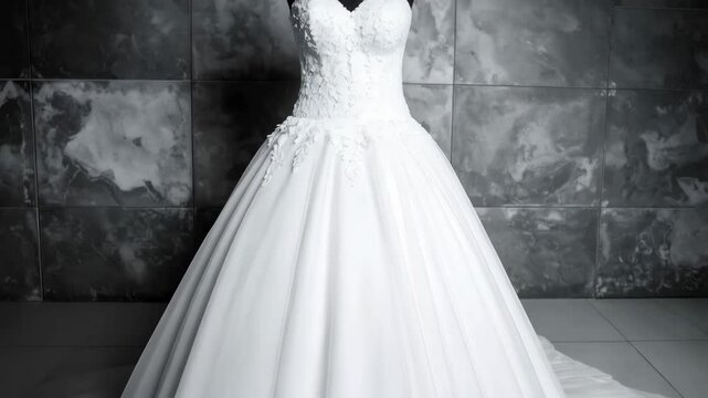 Elegant white wedding dress with floral lace bodice and sweetheart neckline on mannequin against decorative gray tile backdrop