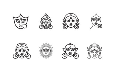 Vector illustrations feature a collection of stylized female deity faces with intricate details, representing the cultural and spiritual significance found in traditional artwork and iconography.
