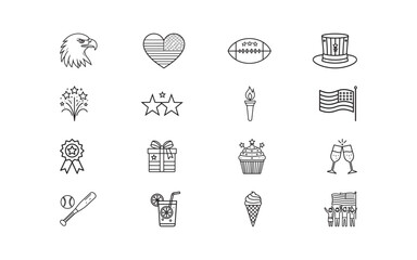 Collection of line-style icons representing patriotic and festive themes, including symbols like the eagle, American flag, fireworks, torch, gift box, hat, perfect for use in design projects