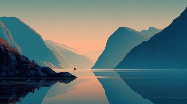 Misty fjords of norway at dawn, calming rhythms, serene reflections in still waters. Fjordic. Illustration. High quality