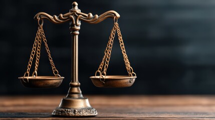 Classic vintage brass balance scale with empty plates on dark wooden surface for justice and fairness symbolism