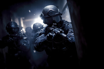 Special forces operatives advancing through dark corridor with tactical gear and weapons at the ready. Mysterious atmosphere with shadows and soft light