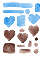Abstract banner on white background. Blue and brown watercolor. Colorful elements: geometric shapes, hearts and dots. Minimal concept. Hand drawn. Great design for any purpose