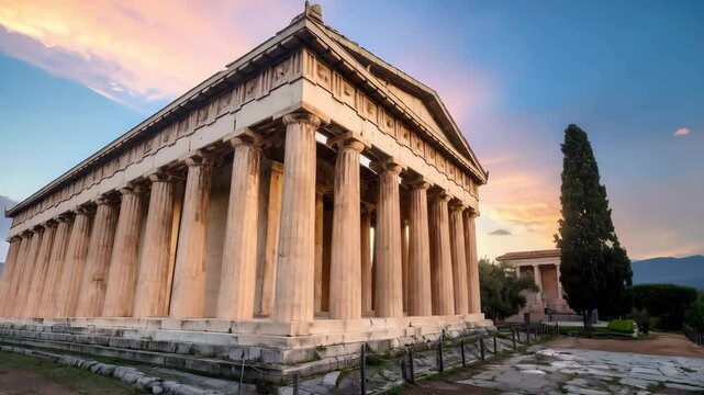 Classical Greek temple featuring Doric columns and pediment against a colorful sunset sky.  Ancient architecture and historical site.