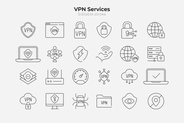 VPN services icons set. Editable stroke. Security, internet privacy, data protection, and encryption symbols. Vector outline illustrations for VPN providers.