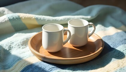 Two Mugs on a Wooden Tray and Blanket Cozy Morning Concept