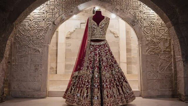 Ornate Indian Lehenga in Red and Gold with Mirror Work, Modeled in Decorative Archway