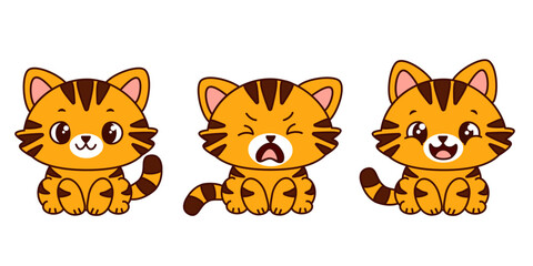 Obraz premium Three cute cartoon ginger kawaii kittens with different facial expressions: smiling, crying and happy. Each cat has different facial features and a playful design. Vector illustration