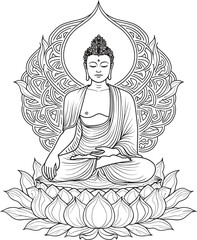 Buddha Lotus Line Art: Meditation, Spirituality, and Eastern Religion Illustration.