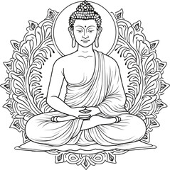 Intricate Line Art of Buddha in Meditation Pose with Floral Mandala Background.