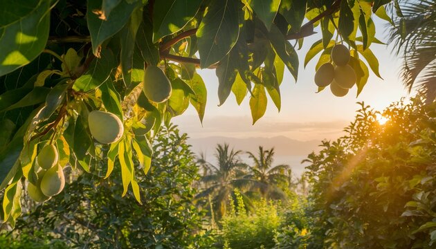 Golden sunset illuminates mango trees in lush orchard overlooking rolling hills in vibrant nature setting Generative AI - Powered by Adobe