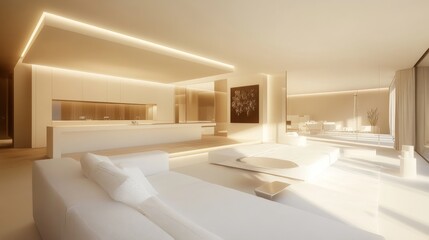 85.A modern, minimalist interior featuring a white sofa as the centerpiece. The roomâ€™s high-quality, crisp design leaves space for a poster or other wall art, offering the opportunity for