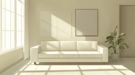85.A modern, minimalist interior featuring a white sofa as the centerpiece. The roomâ€™s high-quality, crisp design leaves space for a poster or other wall art, offering the opportunity for