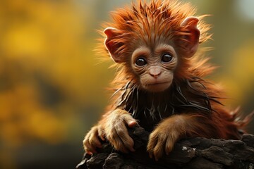 Fototapeta premium An adorable monkey with strikingly fluffy orange fur gazes innocently towards the camera from its natural habitat, showcasing the beauty of wildlife and nature.