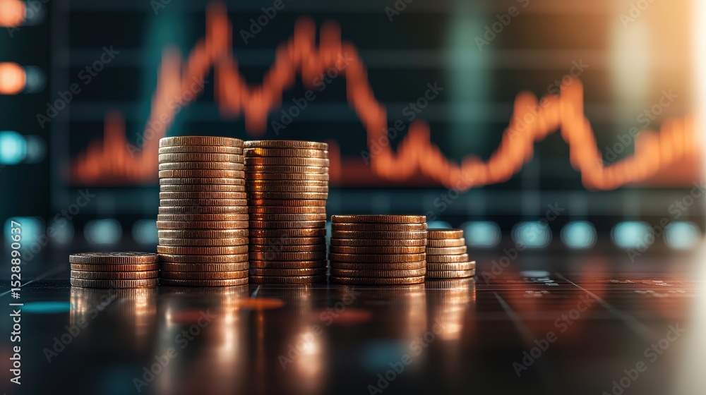 Poster stacked coins in front of a financial chart with increasing trend lines and data analysis background