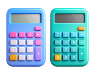 Pair of 3D Cartoon Calculators in Glossy Plastic Style, Isolated PNG