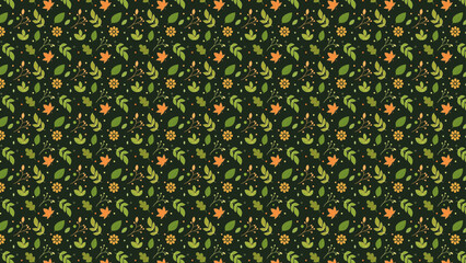 seamless colorful leaves pattern on dark green color. Combination several leaves and small branch plants in vector.