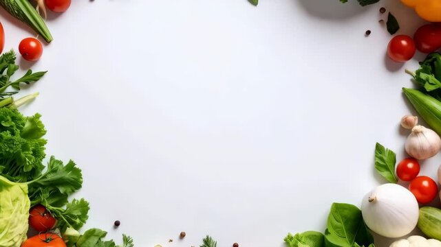 Overhead shot of colorful vegetables and greens arranged forming a frame against a blank white surface
