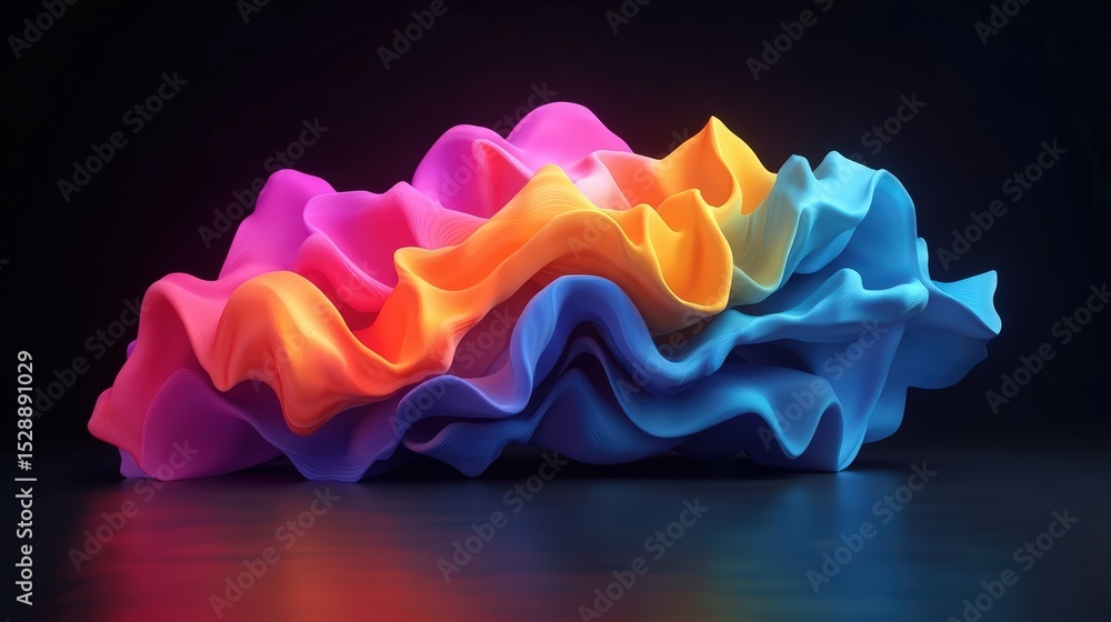 Poster vibrant colorful fabric ruffles with smooth flowing texture illuminated by soft light on dark backgr
