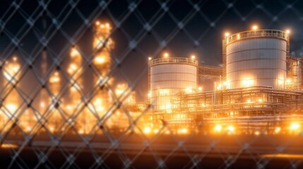 Industrial Night Scene  Chemical Plant  Refinery  Tanks  Pipes  Fence  Lights