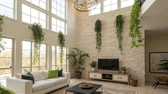Vibrant and modern living room interior tour video with a high ceiling and an abundance of natural light. The space features a double-height wall with neutral stone-like texture