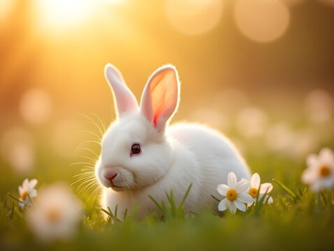 Lovely white baby bunny relaxing in spring flowers at sunset