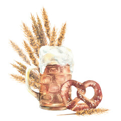 Mug of Beer with pretzel and malt spike bouquet. Pint of drinks and Germany bretzel with salt. Watercolor hand painting isolated illustration. Traditional Bavarian food and drink menu at Oktoberfest.