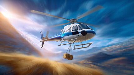 Helicopter carries cargo with precision above rugged mountains. Stunning blue sky backdrop enhances adventure and logistics concept for air transport and delivery services
