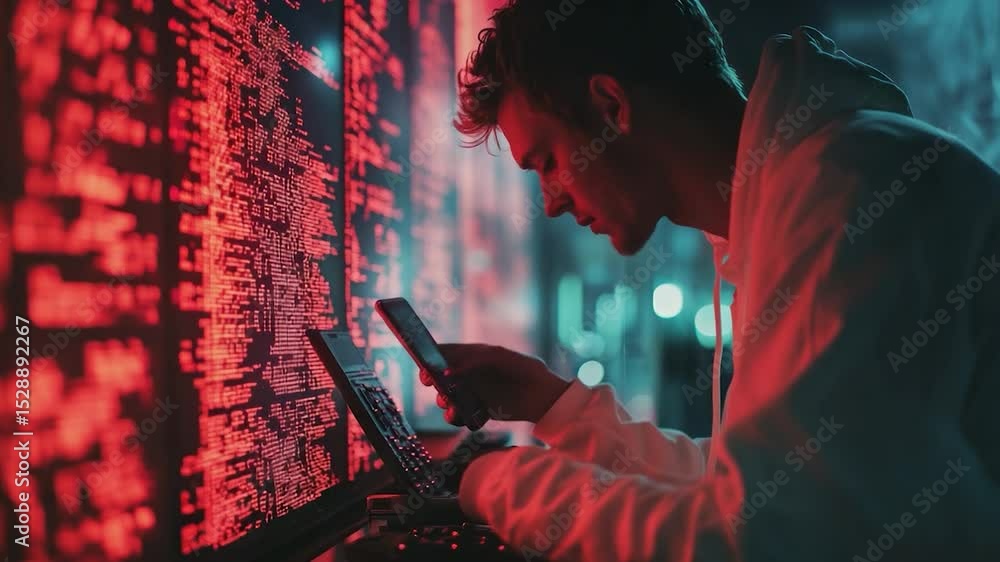 Poster person looking at a phone in front of a wall of code.