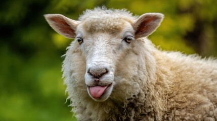Fototapeta premium The charming sheep sticking its tongue out in a vibrant green setting.