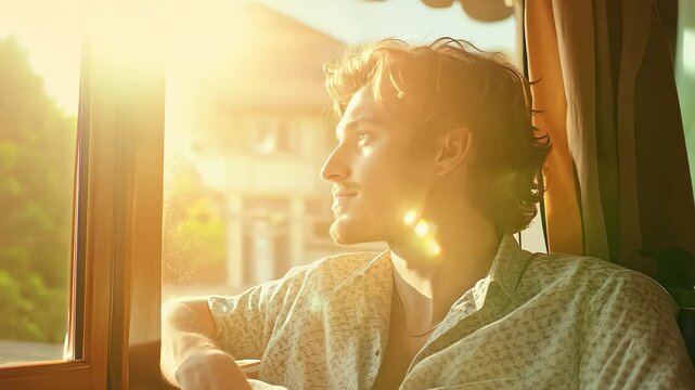 Man Gazing Out Window at Golden Sunlight During Trip