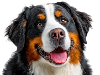 Bernese Mountain Dog Portrait: A close-up of a Bernese Mountain Dog's head showcases its beautiful markings, and fluffy coat, with a joyful expression