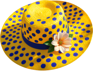Yellow Straw Hat with Blue Polka Dots, Transparent Cutout, Summer Graphic